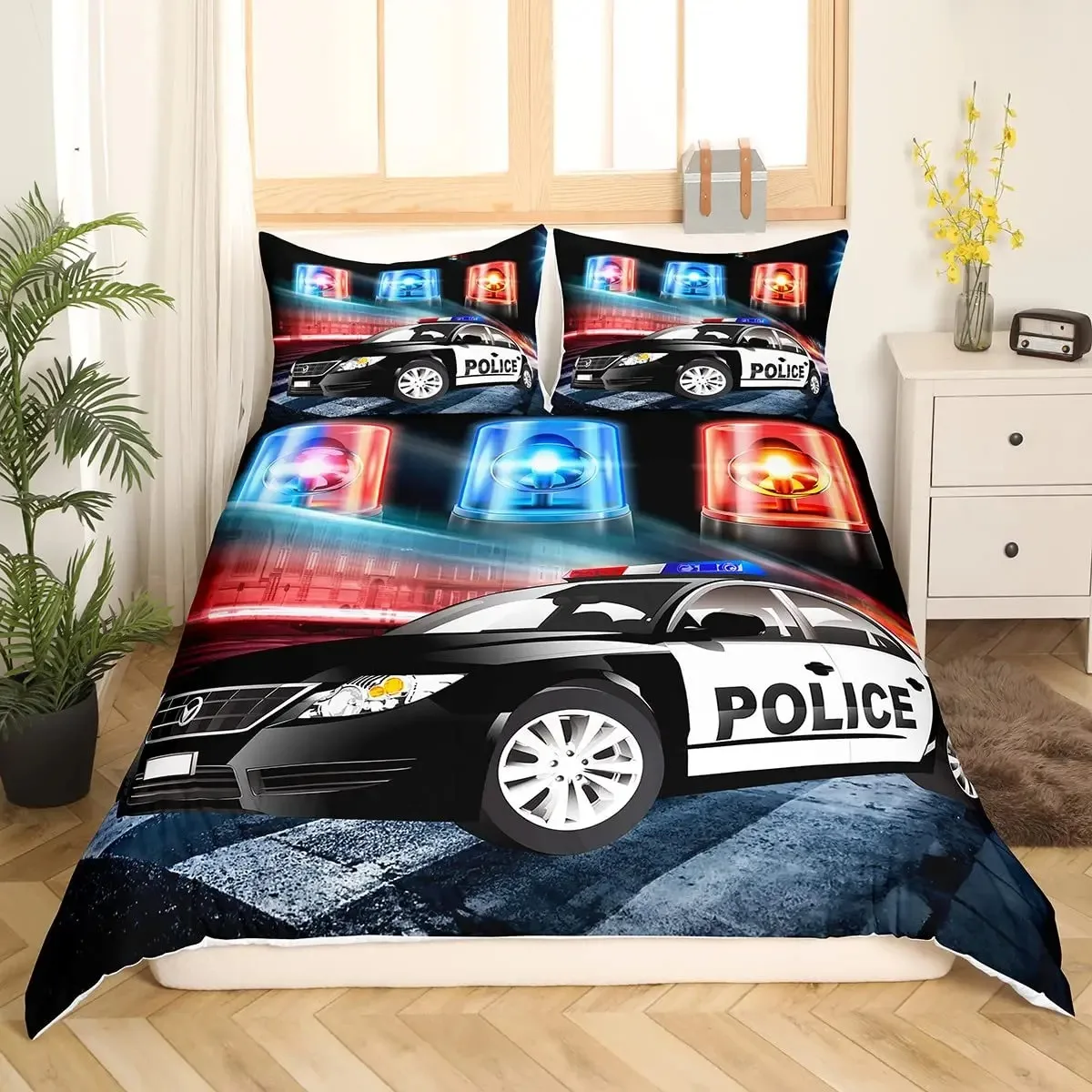 Police Car Duvet Cover Set King Queen Size Polyester Quilt Cover Cartoon Car Pattern For Kids Teens Bedding Set With Pillowcase