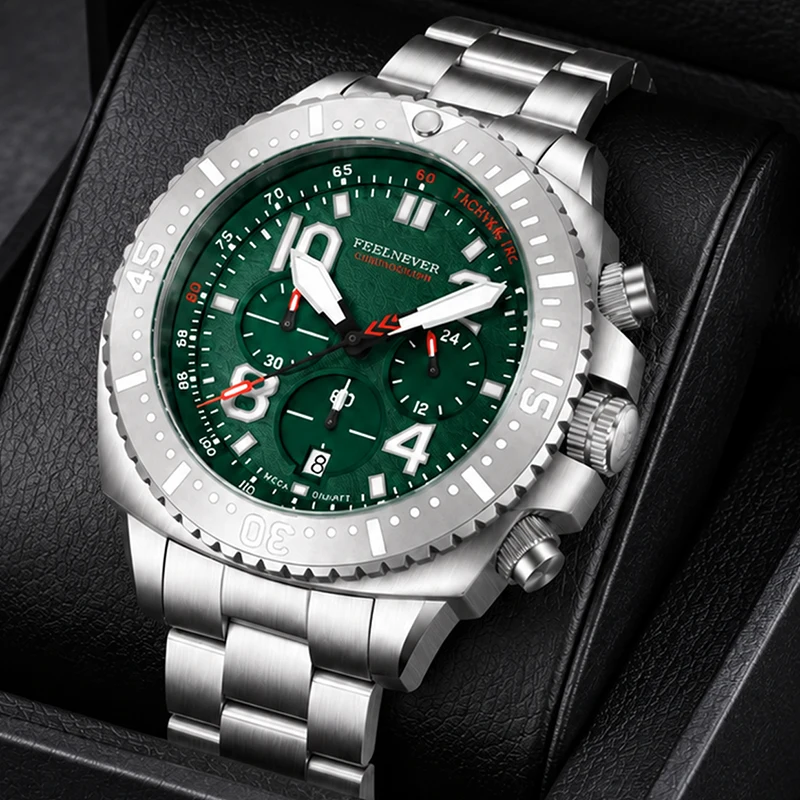 FEELNEVER Men's Watches Top Brand Luxury Sapphire Green Quartz Wristwatch for Men Fashion Business Diving Watch Men Montre Homme image 3