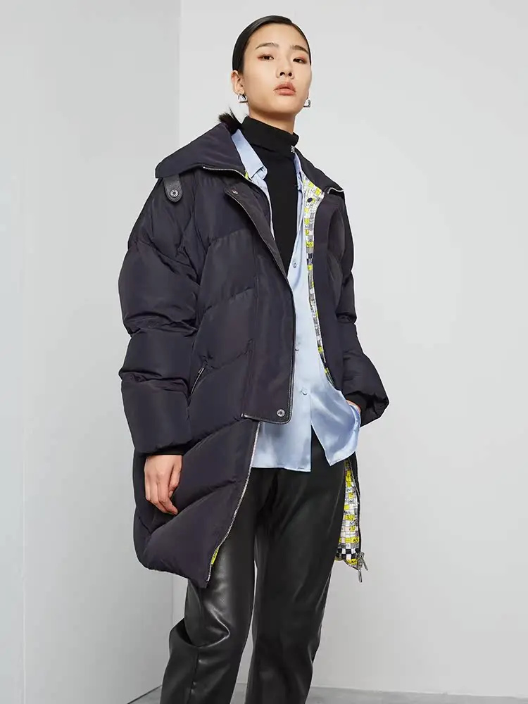 

wei Double-Sided Wearable Ultra-Thi Warm Outercoat Goose down Bread ape eepskin Trimmed Loose Fit Coat Zipper Closure