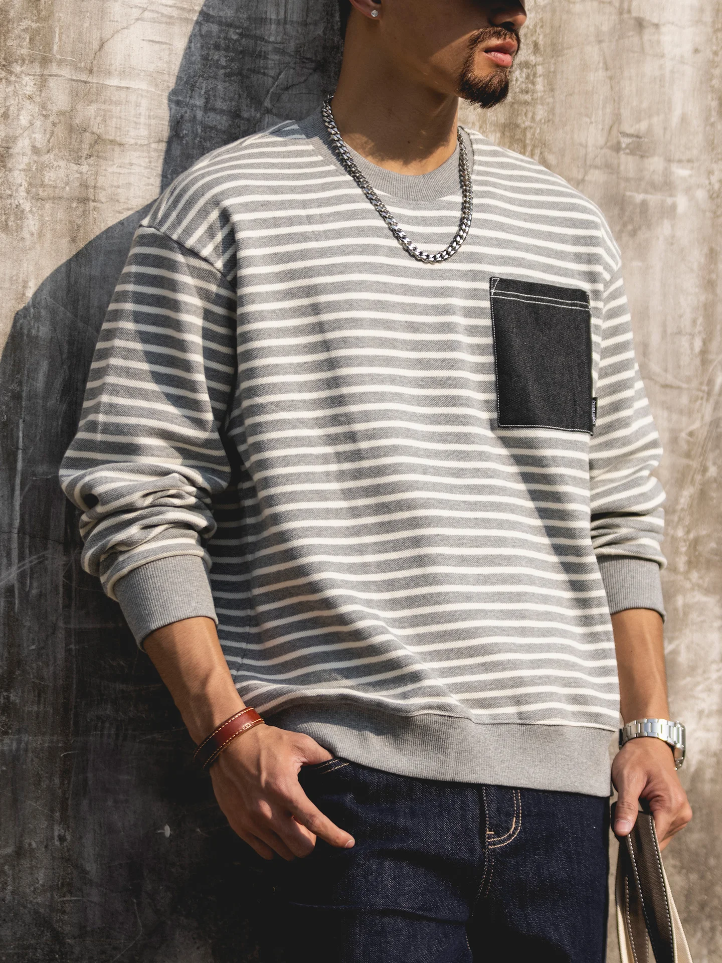 American Retro Striped round Neck Sweatshirt Men's Autumn Design Sensible Lazy Style Base Shirt Large Size Pocket Top