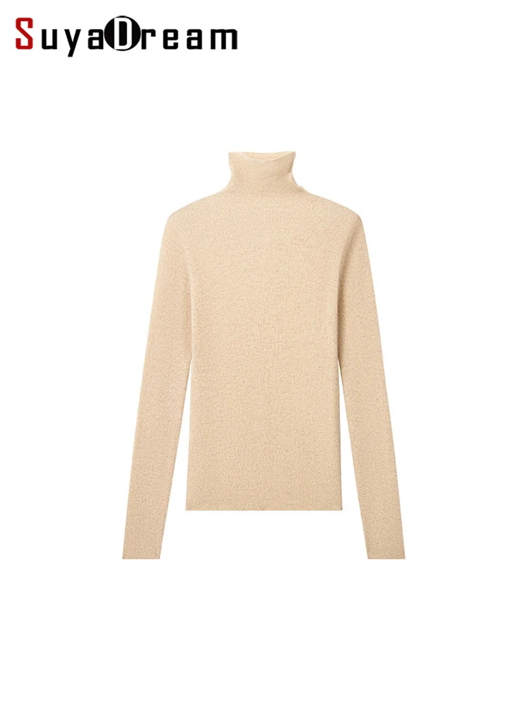 

SuyaDream, Women Turtleneck Pullovers, 100%Cashmere, High Collar, Whole Garment Sweaters, 2024 Fall Winter Slim Warm Top