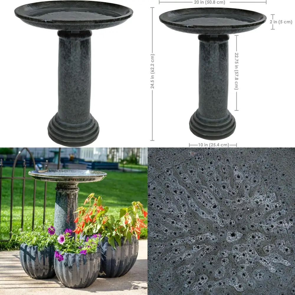 

Outdoor Ceramic Bird Bath by Sunnydaze Toulon, 24.5 Inches Tall, UV and Frost Resistant, Glazed Bowl with Black Mist Finish