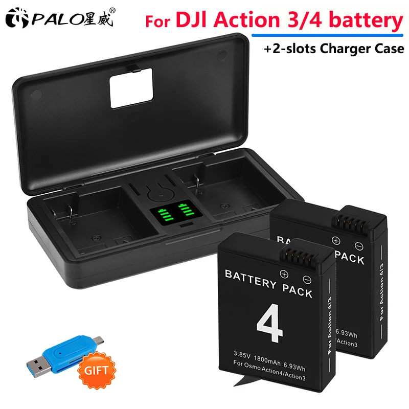 PALO 1800mAh For DJI Osmo Action 4 Battery+Portable Fast Charge Box for Osmo Action 3 Action 4 charger Sports Camera Accessories