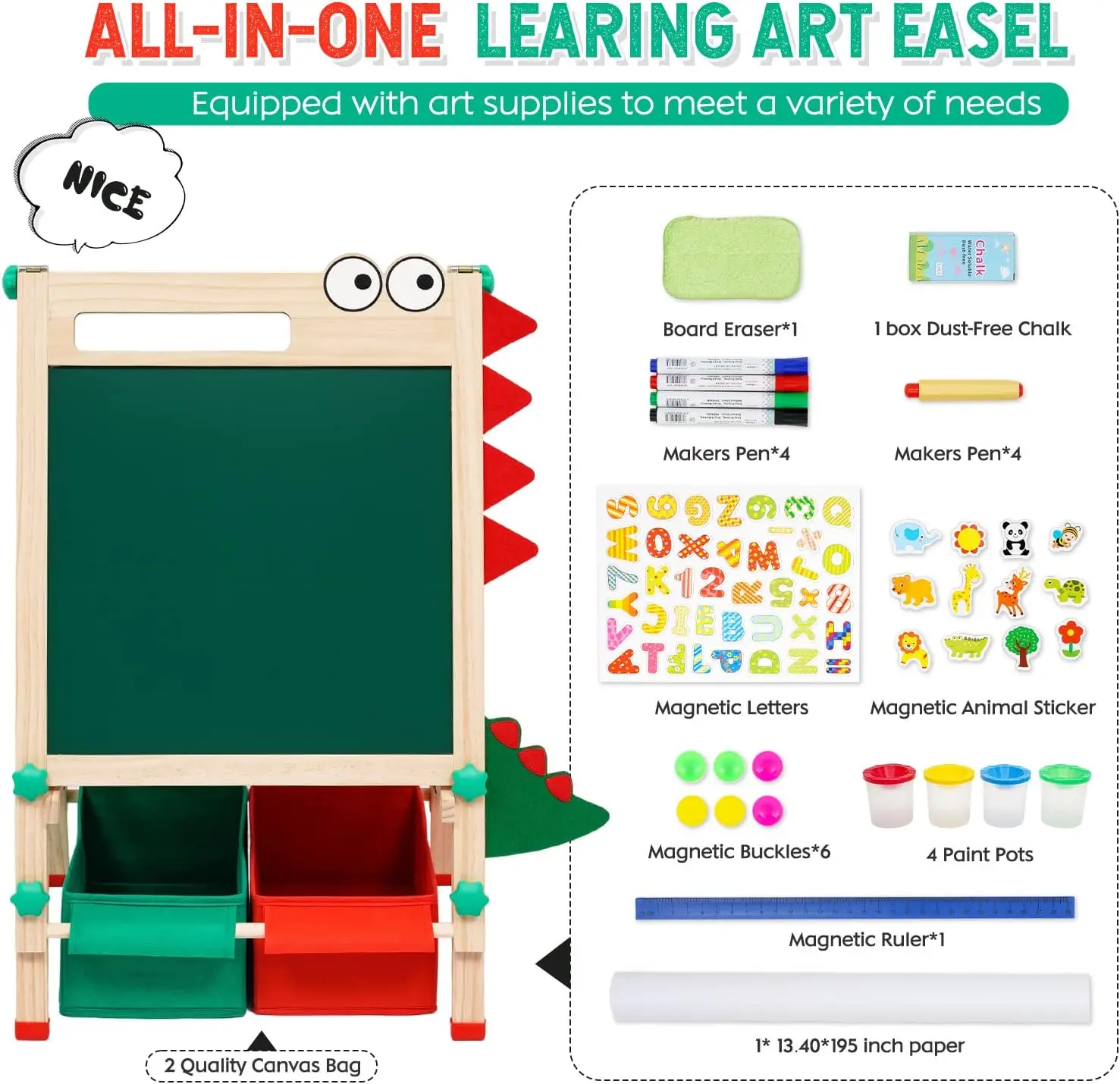 Kid Easel with Storage Double-Sided Whiteboard & Chalkboard Standing Easel with Paper Roll Accessories