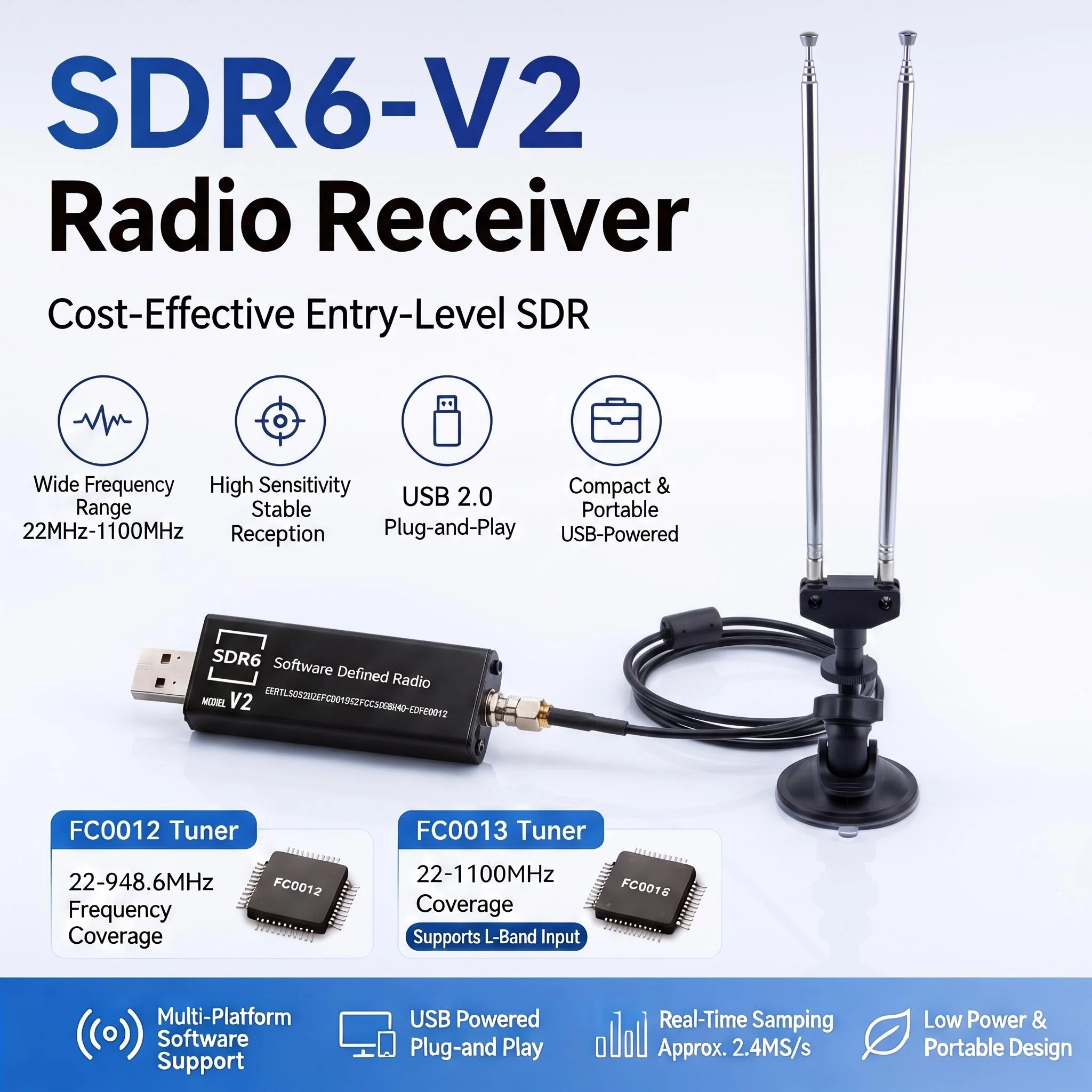RTL-SDR6 V2 Wireless Receiver RTL2832U SDR Receiver FM Spectrum Analysis ADS-B