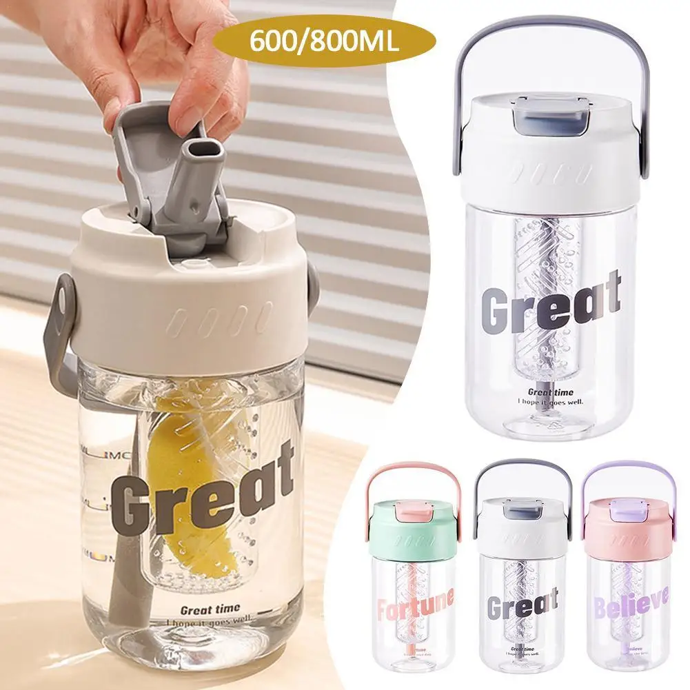 600/800ML Plastic Water Bottle With Straws & Tea Strainer Juice Cup Portable Sport Travel Drinking Water Bottle For Girl Student