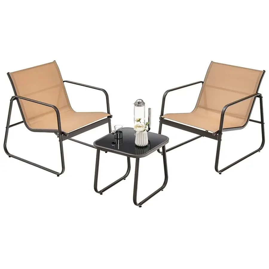 3 Piece Outdoor Patio Conversation Set with Glass Table