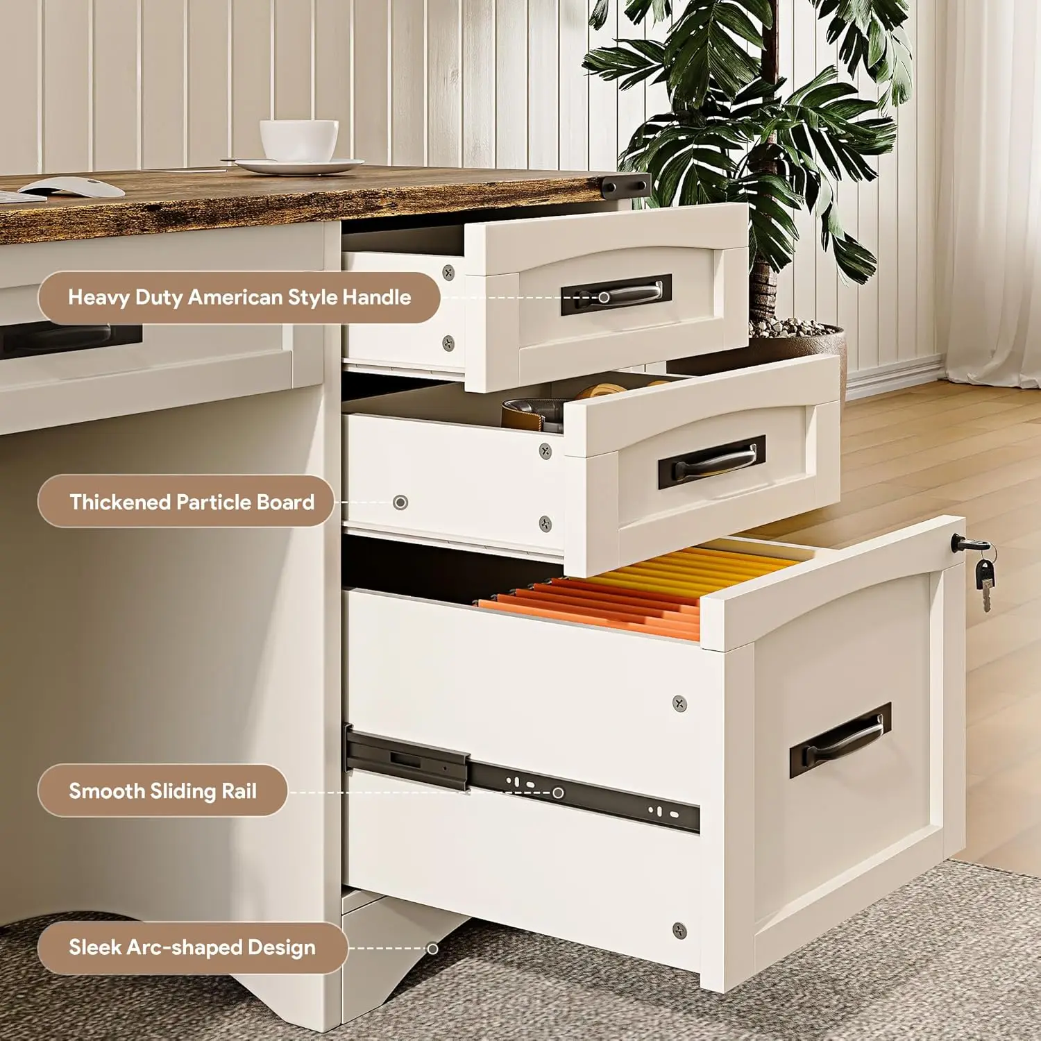 [New Arrival!]Farmhouse Executive Desk with Drawers, 55" Home Office Desks with Fast Charging Station, Lockable File Cabinet, Wo