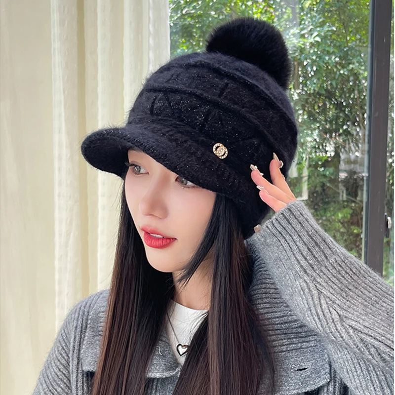 Autumn and winter hat female winter warm padded knitted cap wool cap thickened duck tongue cap warm plush ear protection cap