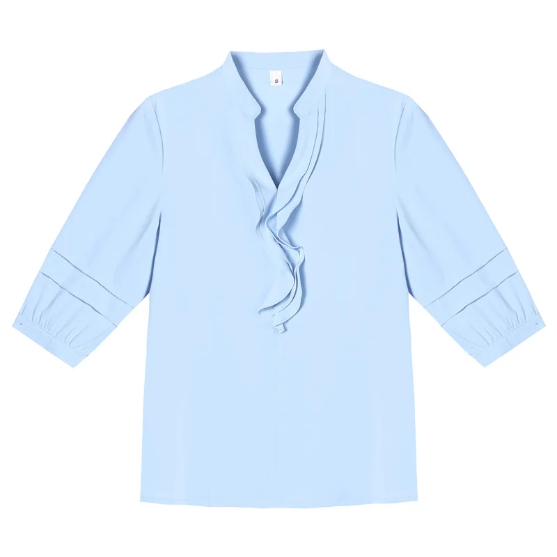New Women'S Summer Style Slimming And Fashion 7-Point Sleeve Chiffon Shirt Mom'S Trendy Versatile Loose Ruffled V-Neck Top