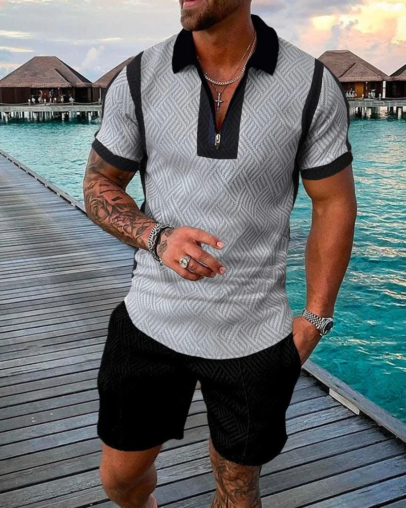 Diamond Lattice Summer Men Polo Shirt Set Casual Lapel Tracksuit Male Fashion Oversized Clothing Golf Wear Outfits Streetwear