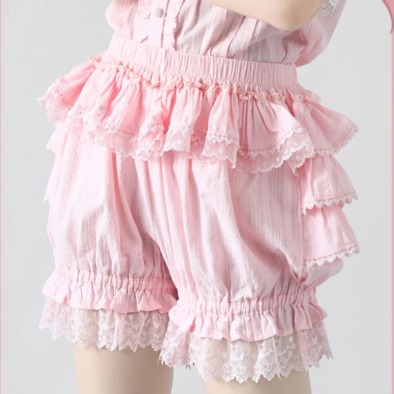 Sweet Lace Ruffles Lolita Safety Shorts Pants Women Pink Cotton Tiered Knickers Kawaii Pumpkin Panties Vintage Victorian Bloomer