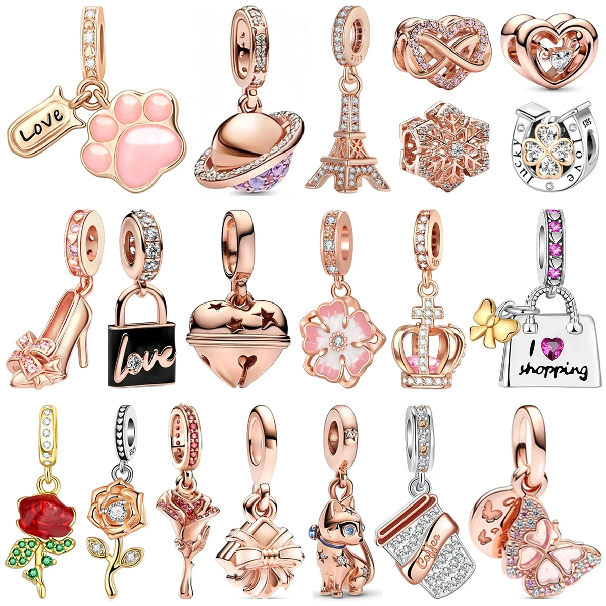 

Блестящие подвески из розового золота, стерлинговое серебро 925 пробы, драгоценный камень, бриллиант, подвеска, колокольчик, цветок, сумка на высоком каблуке, бусины для женщин, милый креативный подарок