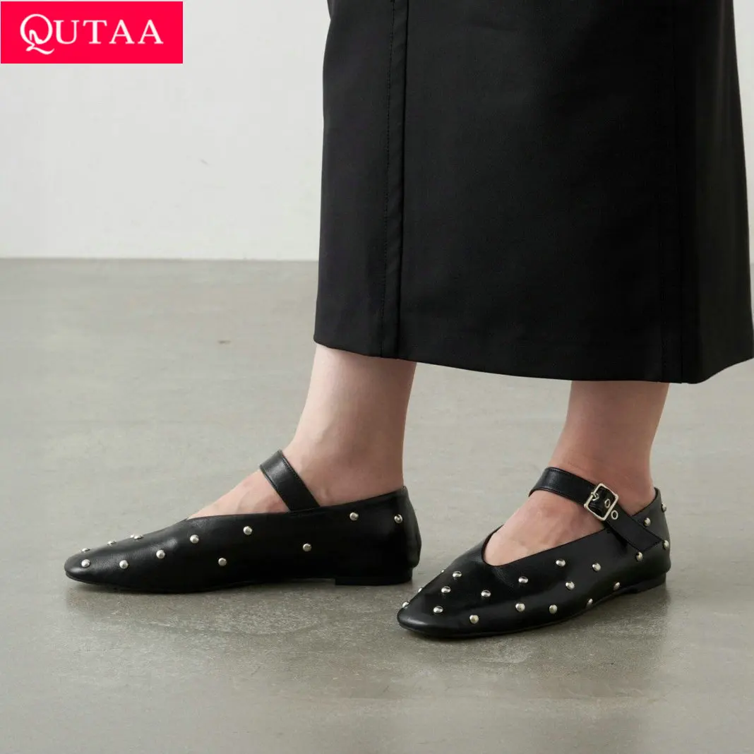 QUTAA 2024  Women Flats Fashion Crystal Buckle Strap Shoes Woman Genuine Leather Round Toe Mary Janes Spring Summer Size 34-43