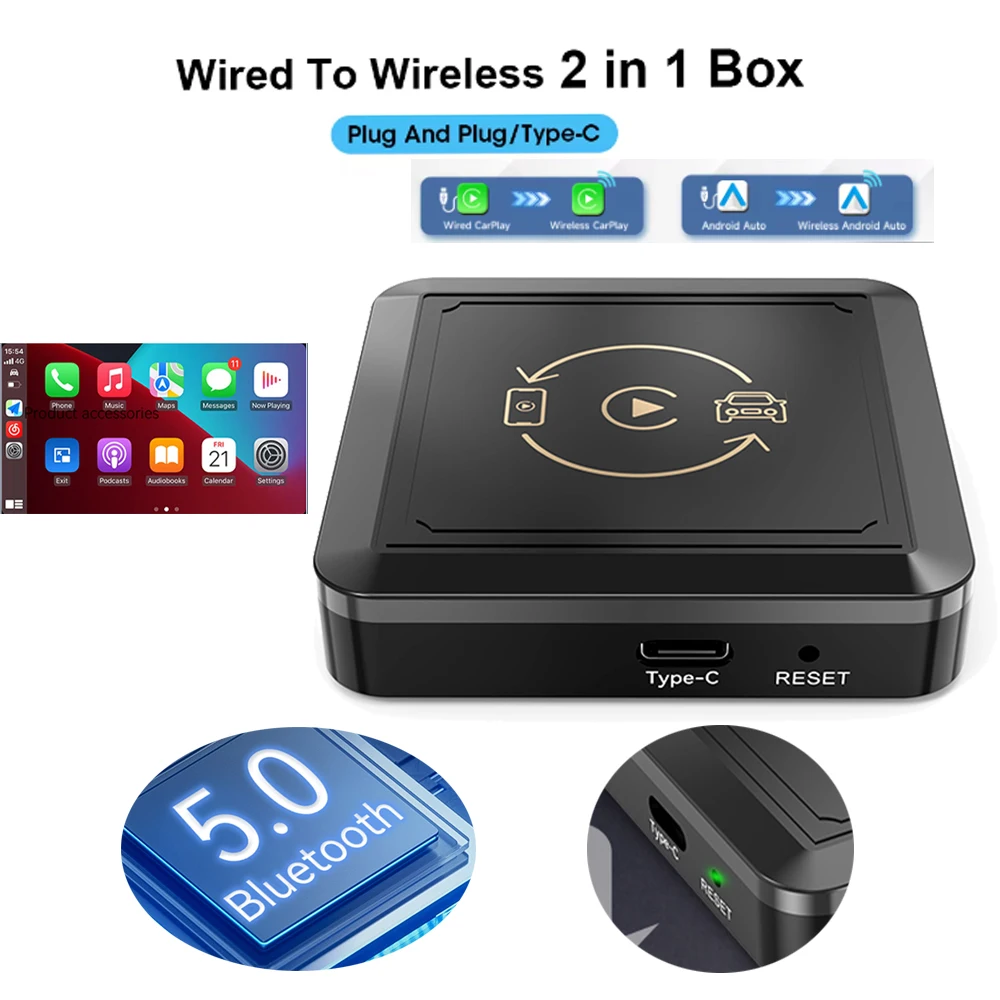 BT 5.0 CarPlay e adattatore Wireless per Auto Android Plug and Play Car Ai Box Car Wired to Wireless Dongle per VW Hyundai Toyota Honda