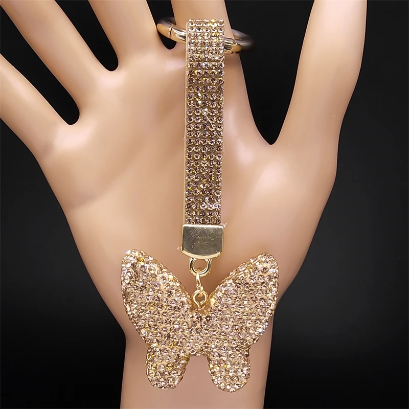 Netter Schlüsselanhänger Schmetterling Kristall Schlüsselanhänger Frauen Legierung Strass Gold Farbe Tasche Zubehör Tier Souvenir Geschenke Schmuck KXS03