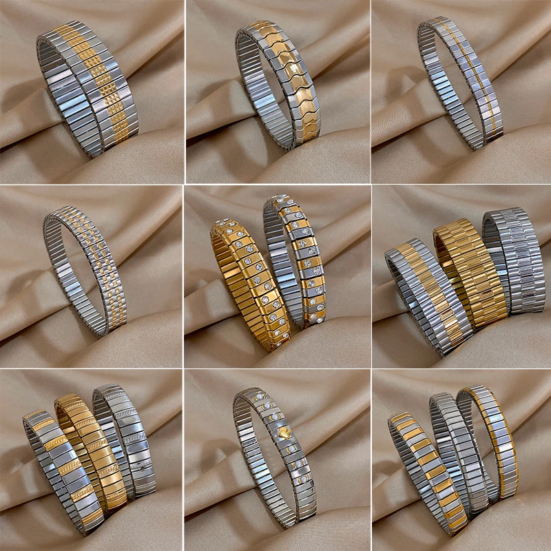 Lifefontier Luxus Elastizität Strass Breite Edelstahl Armband Armreif Für Frauen Wasserdichte Manschette Armband Schmuck Geschenke