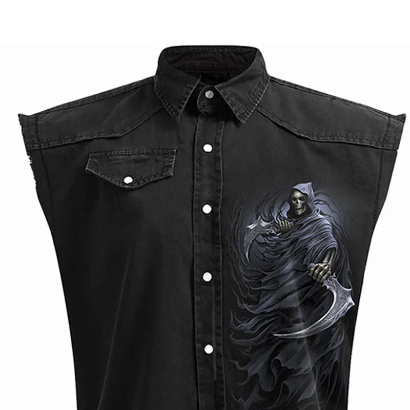 Men\'s Denim Blouse Retro 3D Skull Graphic Print Sleeveless Shirt Fashion Pocket Decor Turn-down Button Sleeveless Shirt