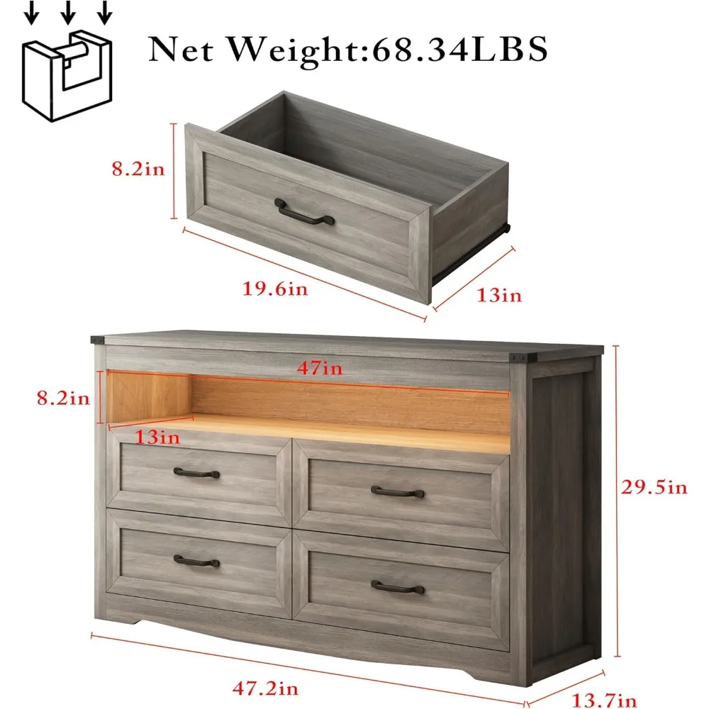 4 Drawer Dresser Chests with LED Light,Wide Chest of Drawers with Metal Handles,Wood Dresser for Storage and Organization