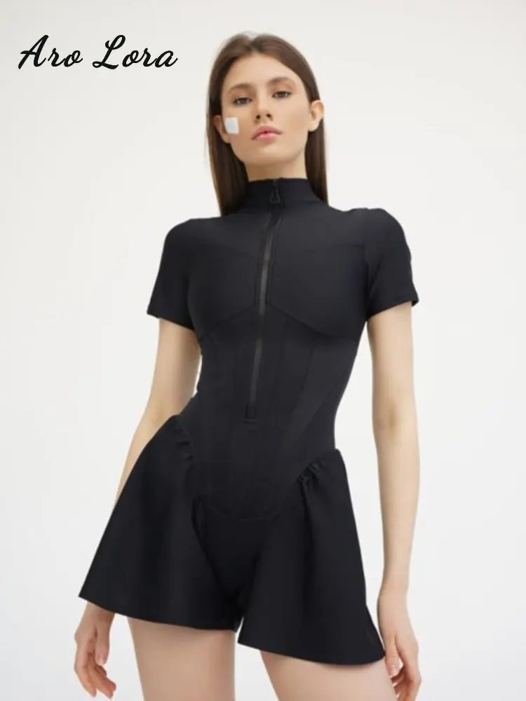 مثير Bodycon زيبر ارتداءها المرأة س الرقبة قصيرة الأكمام Playsuit الصيف أنيقة عادية سليم بذلة السروال القصير الرياضة الصالة الرياضية الملابس