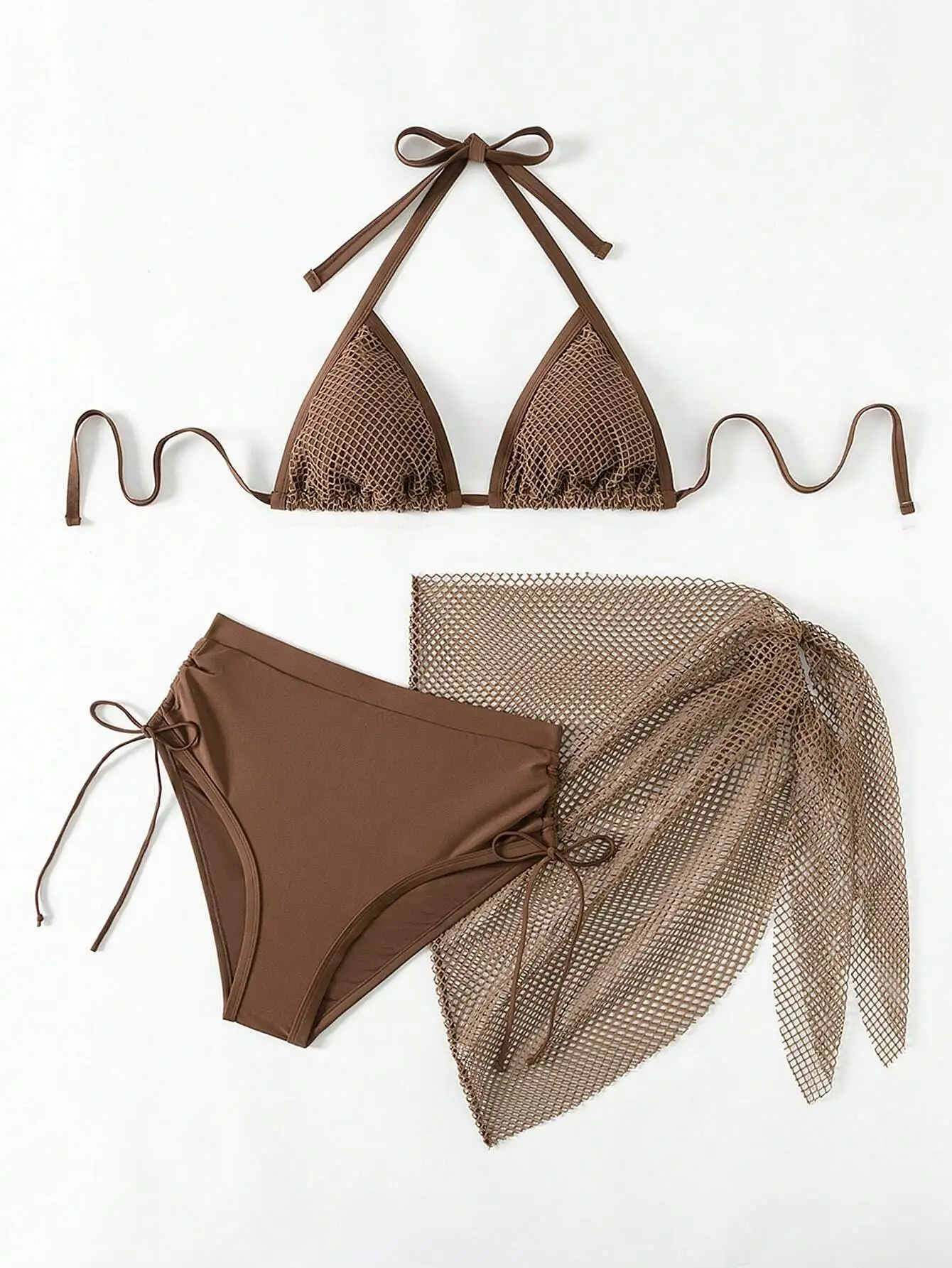 

Brown Mesh Triangle Halter Bikini Set With Cover Up Skirt