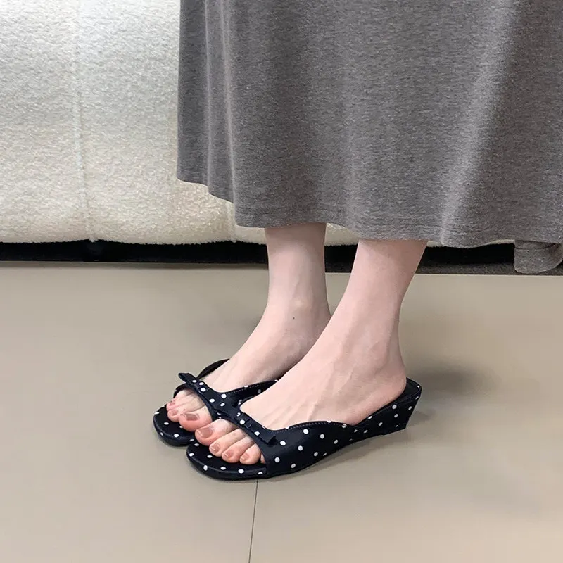 2026 New Polka Dot Wedges Heels Women Slippers Fashion Open Toe Butterfly-knot Party Dress Slide Summer Outdoor Daily Wear Shoes - view 6