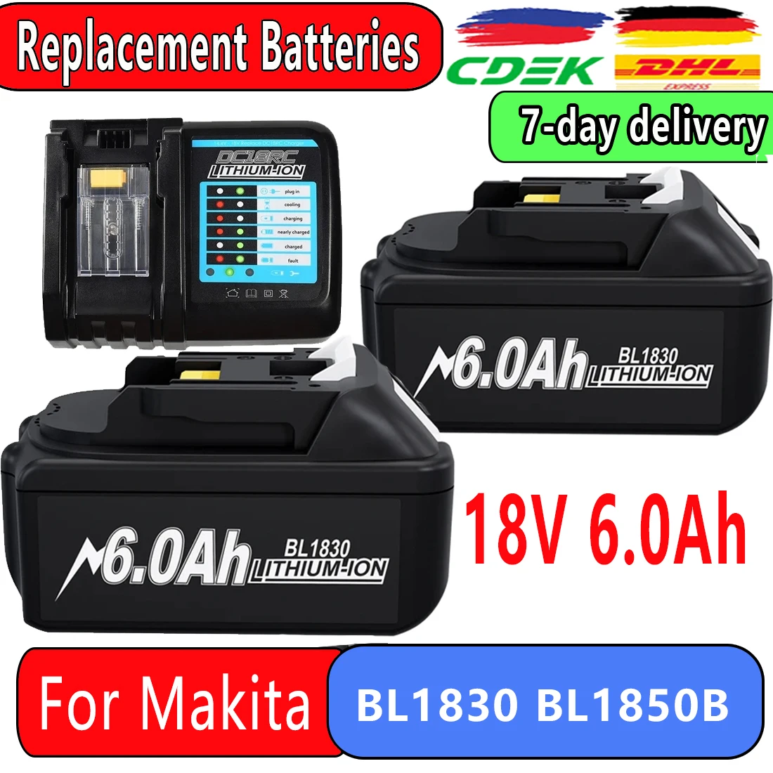 Reemplazo de batería potente de 18V, 6,0 Ah, Compatible con Makita, BL1860, BL1850B, BL1830 Series