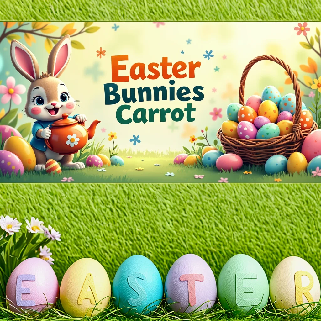 Conigli pasquali Carota Banner Primavera Caccia alle uova Sfondo Decorazione festiva Sfondo per feste Puntelli per eventi all'aperto Fotografia di scena