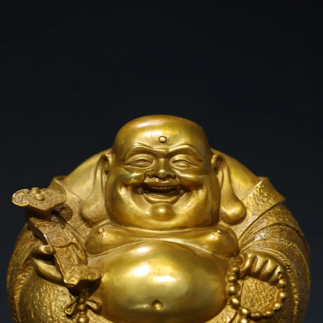 Nepalese Tibetan Brass Gilded Big Belly Maitreya Laughing Bag Yuanbao Buddha Station Statue Small Size ornament 15cm