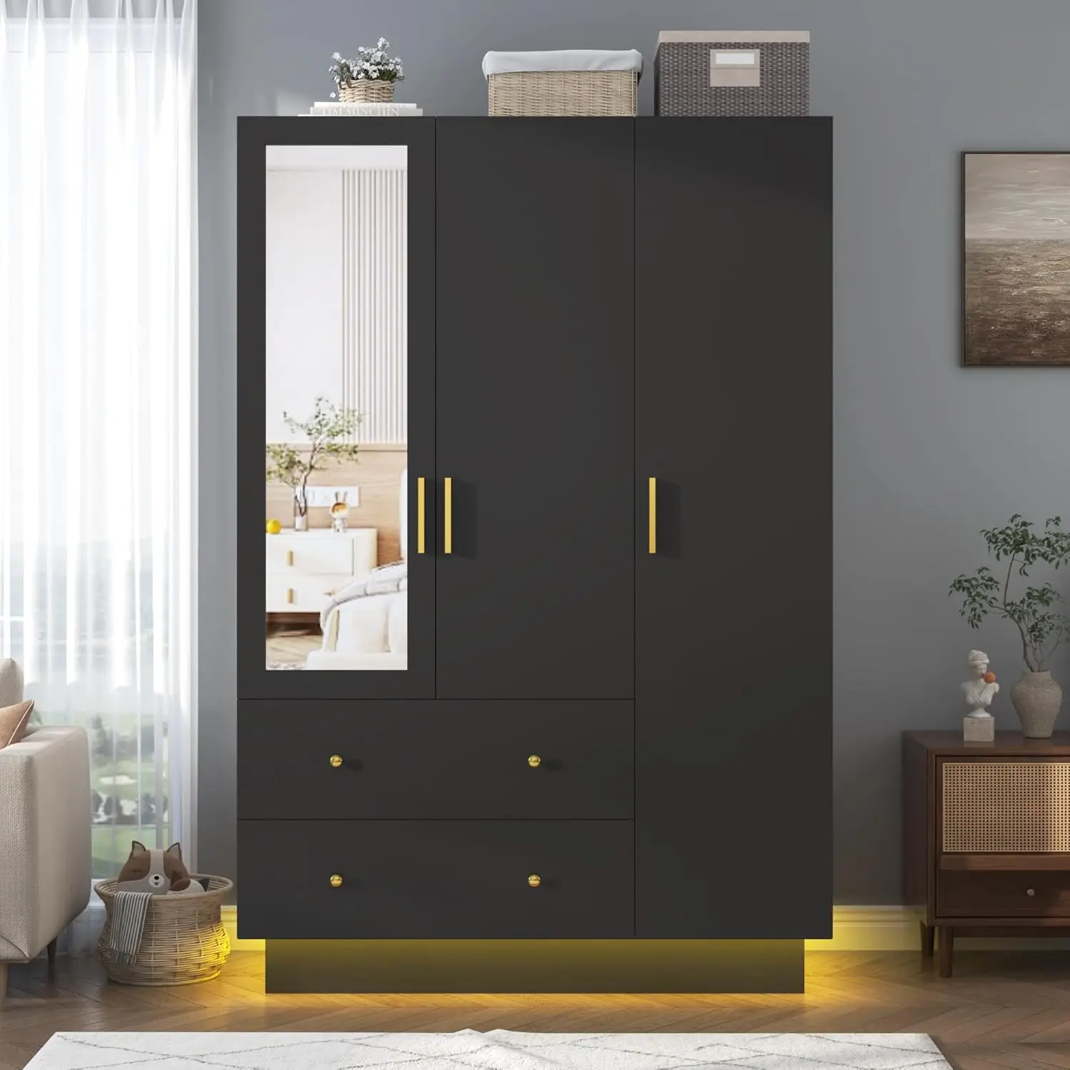 Doors Wardrobe Closet with Mirror, LED Armoire with Doors and Drawers, Wooden Armoire Storage Cabinet with Hanging Rod, Adjustab