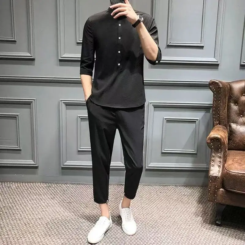 

T-shirts Pants Suits for Men Black Nylon Man Trousers Sets Outfits Stretch Kpop Korean Two Piece Set Outdoor Trends Costumes Tee