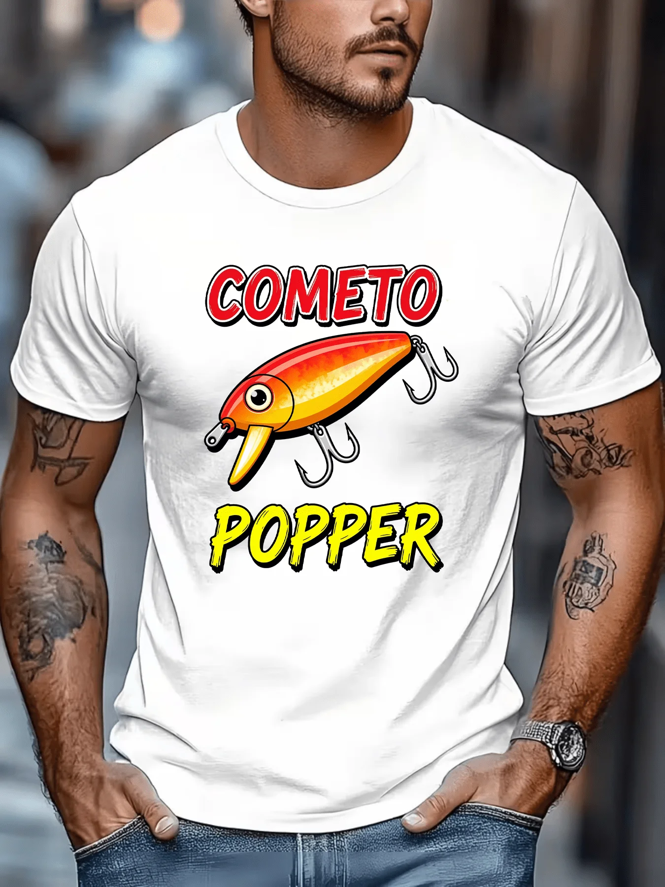Men Cometo Popper Fishing Lure Cotton T Shirt Crew Neck Angler Print Male Summer Short Sleeve Outdoor Casual Streetwear Tops