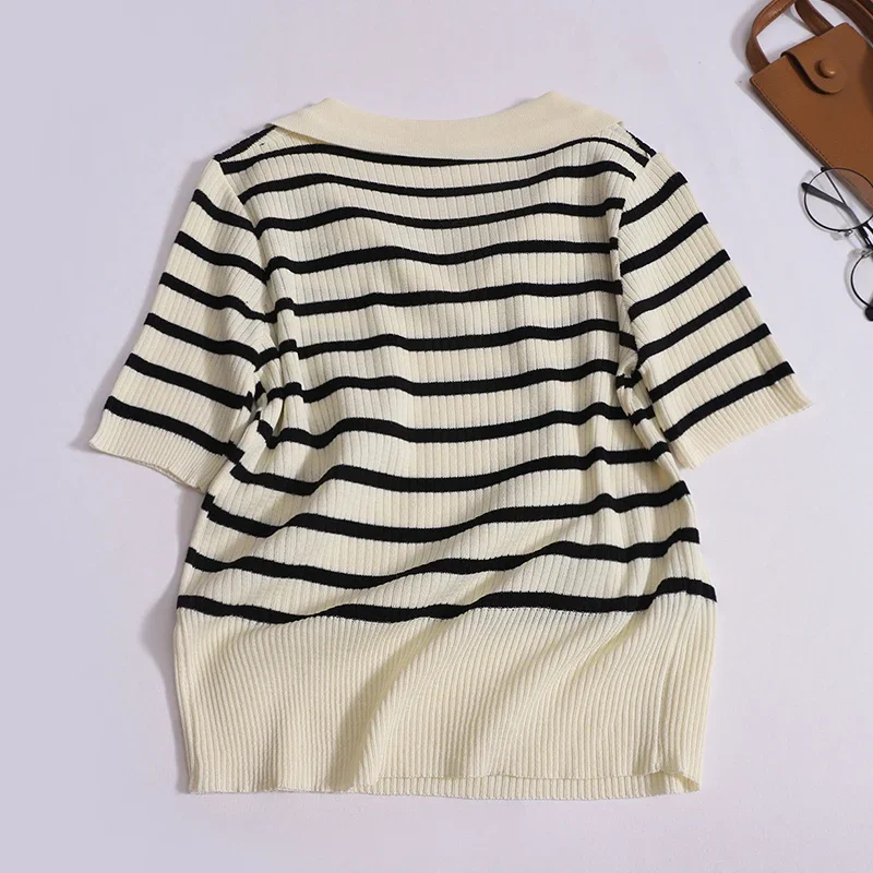 Women Casual Contrast Color Stripe Polo Collar T-shirt Summer Versatile Thin Short Sleeved Tops Elastic Slim Knit Pullover Tees