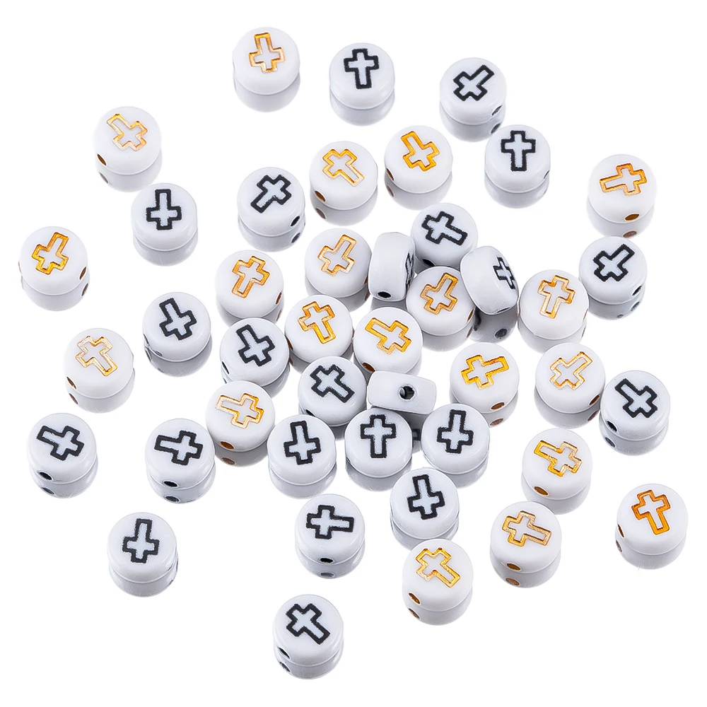 

50/100Pcs 7mm Cross Printed Acrylic Round Flat Beads Resin Beads Bracelet Connectors For DIY Jewelry Making Accessories Crafts