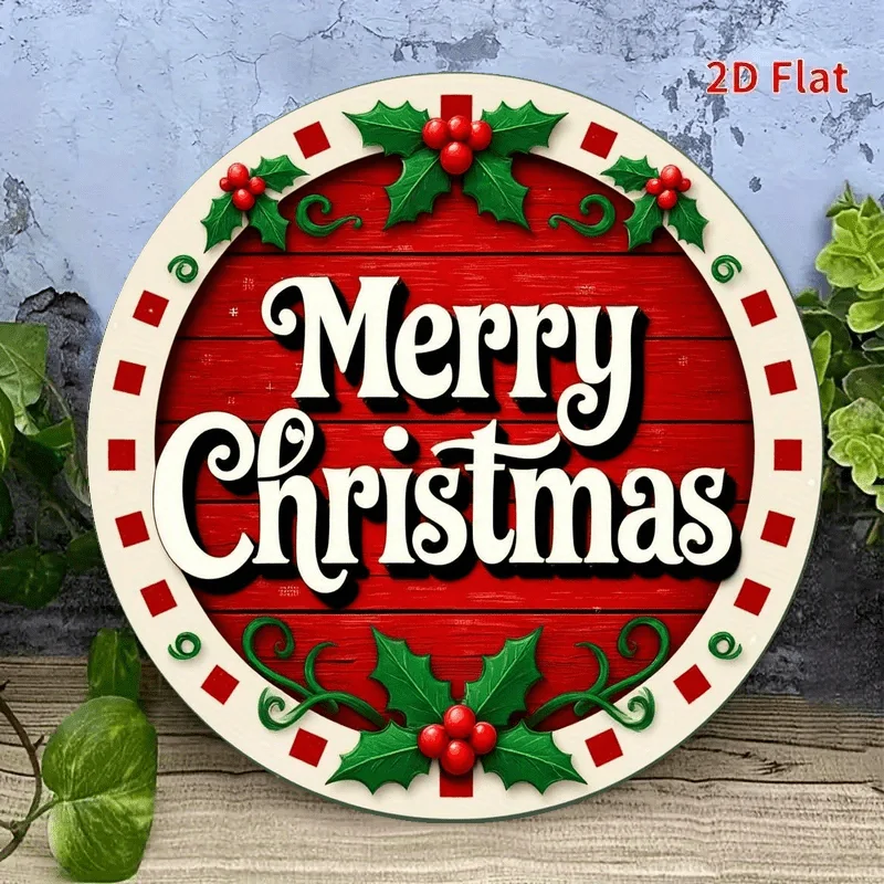 Paquete de 1 decoración de pared de aluminio navideña vintage, letrero de Feliz Navidad con fondo rojo, hojas de acebo