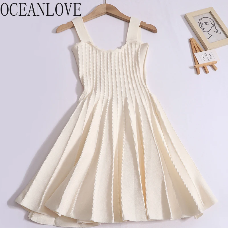 

OCEANLOVE Knitted A-line Mini Dresses Solid Spring Summer Sleeveless Sexy Vestidos Mujer High Waist Pleated Fashion Women Dress