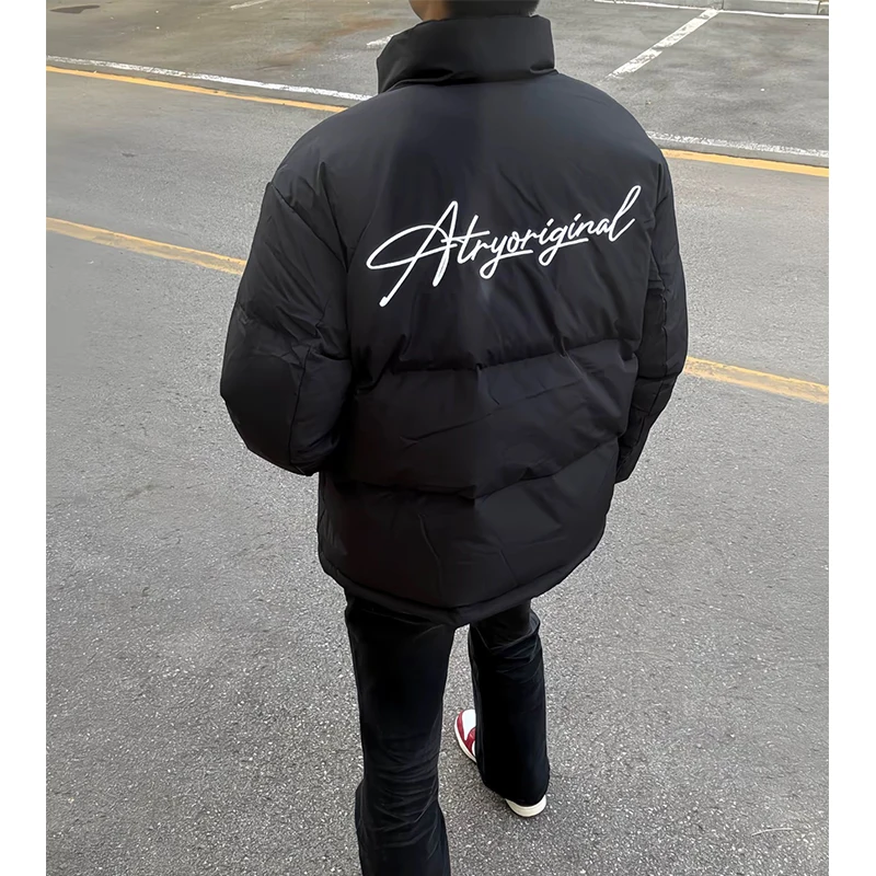 

Thickened Cotton Jacket Men's Winter Fashion High Street Bread Style Stand Collar Zipper Closure Outerwear Youth Trendy Coat