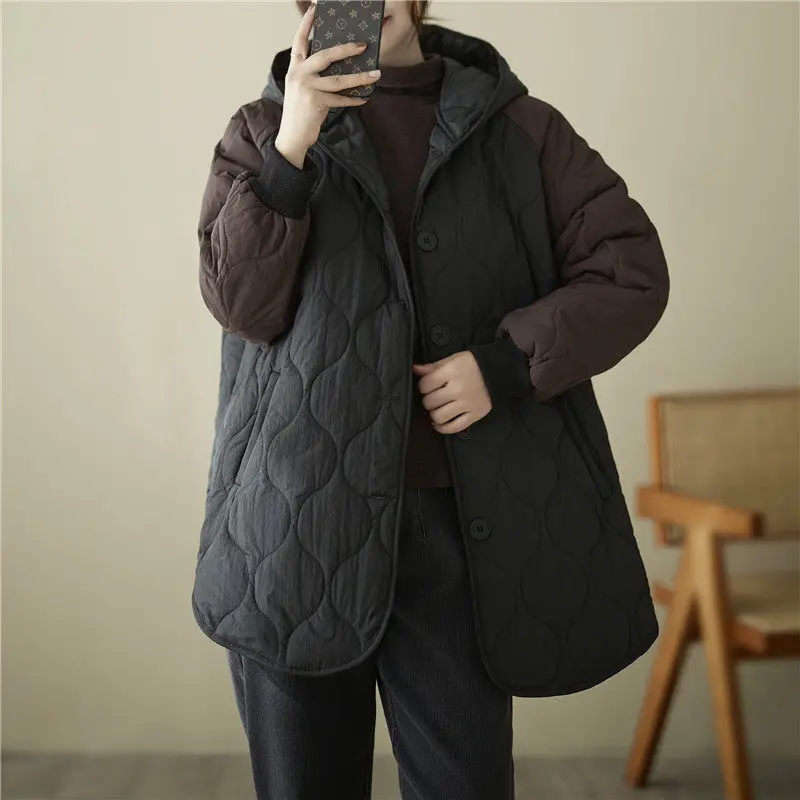 2024 Casual Spliced Fake Two Piece Cotton Padded Jacket for Women Versatile Quilted Coat Loose Warm Hooded Winter Coat T1304