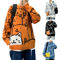 Maglione da uomo a manica lunga Harajuku cartone animato gatto stampato Pullover Top Hip-Hop oversize maglieria ampia girocollo Streetwear