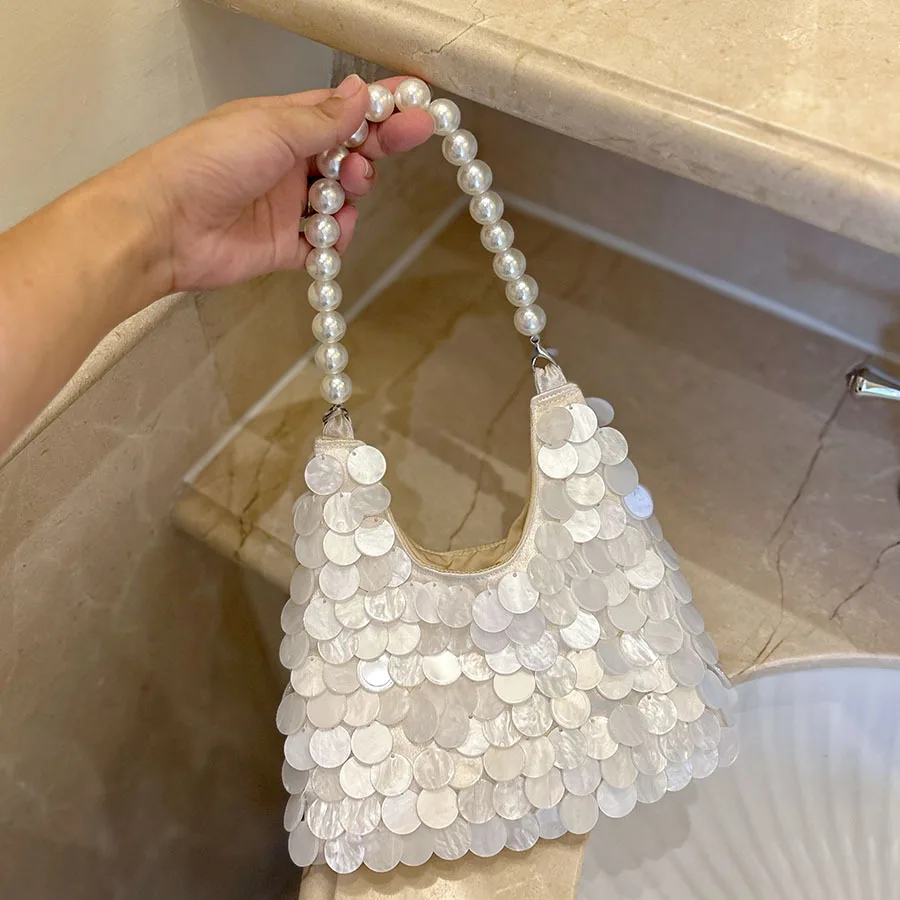 French fritillary sequined armpit bag, round pearl handbag, exquisite and clear wedding dress, fairy air hand bag.