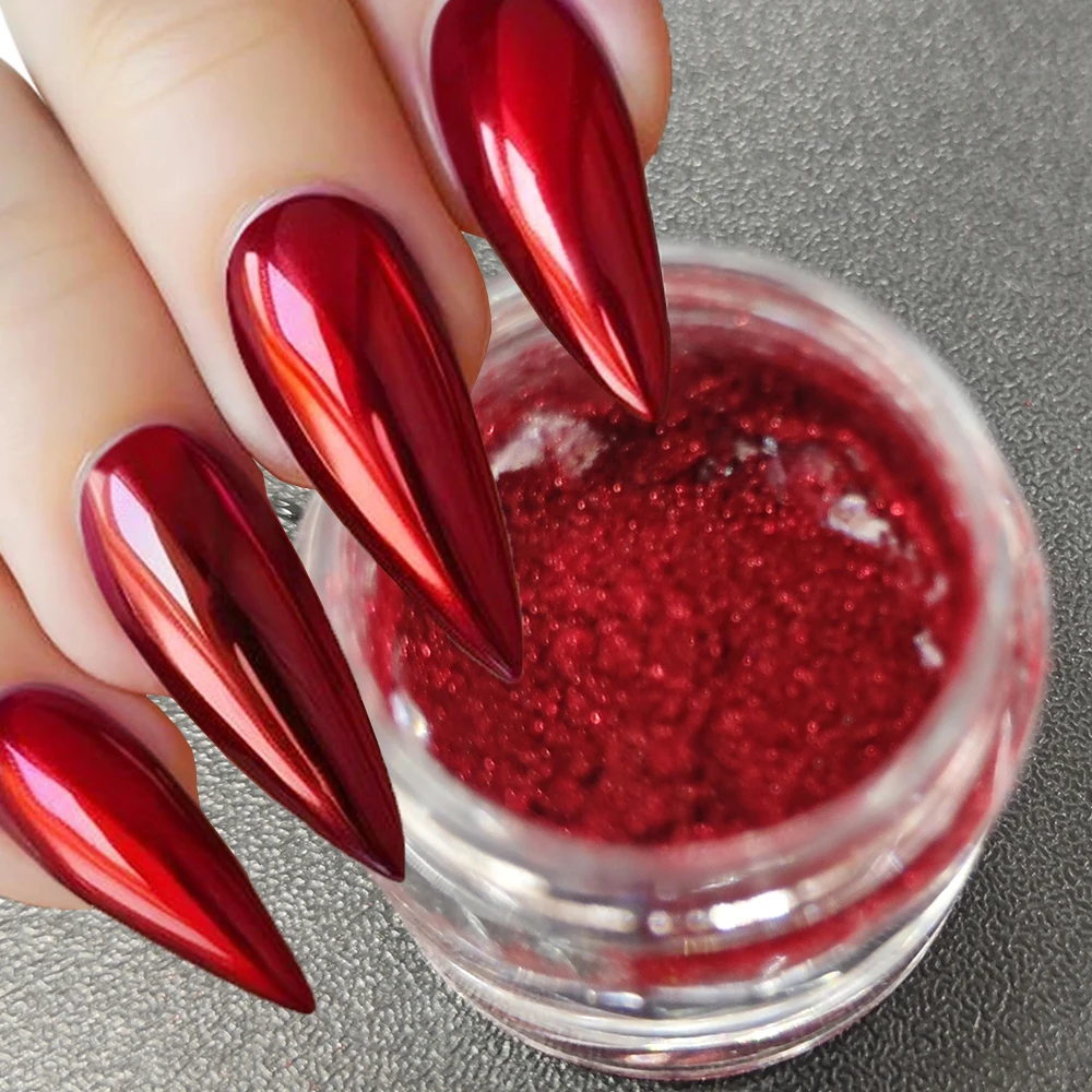 1 جرة عيد الميلاد الأحمر مرآة سحرية كروم مسحوق لتزيين الأظافر المجسم 0.3 جرام فائقة السطوع لامع الأحمر مسمار فرك الغبار #1
