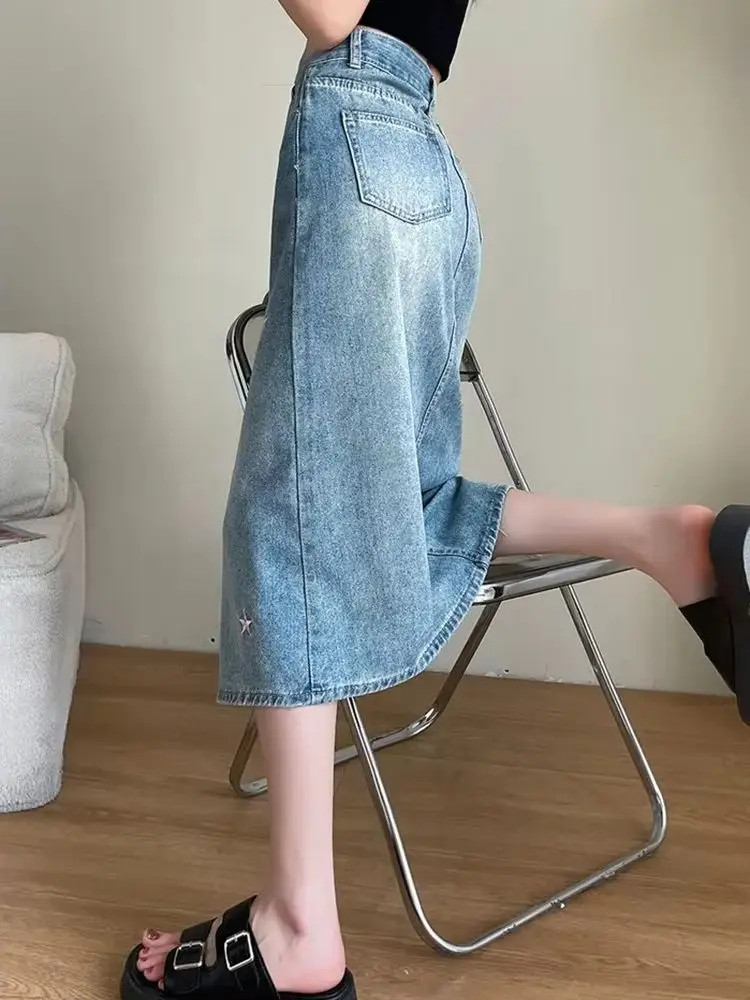 New Chic Split Simple Classic Loose Denim Female Skirt Summer Fashion Embroidery Casual Slim High Waist Xs-2Xl Midi Women Skirts