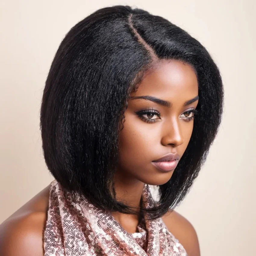 Glueless Straight Yaki Bob Peruca, Peruca Curta Kinky, Pronto para Vestir, 100% Cabelo Humano, Peruca Lace Frontal 13x4, 220%