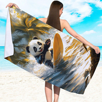 1pc Surfing Panda Print Microfiber Rectangular Beach Towel, Beach Shawl Blanket Bath Towel
