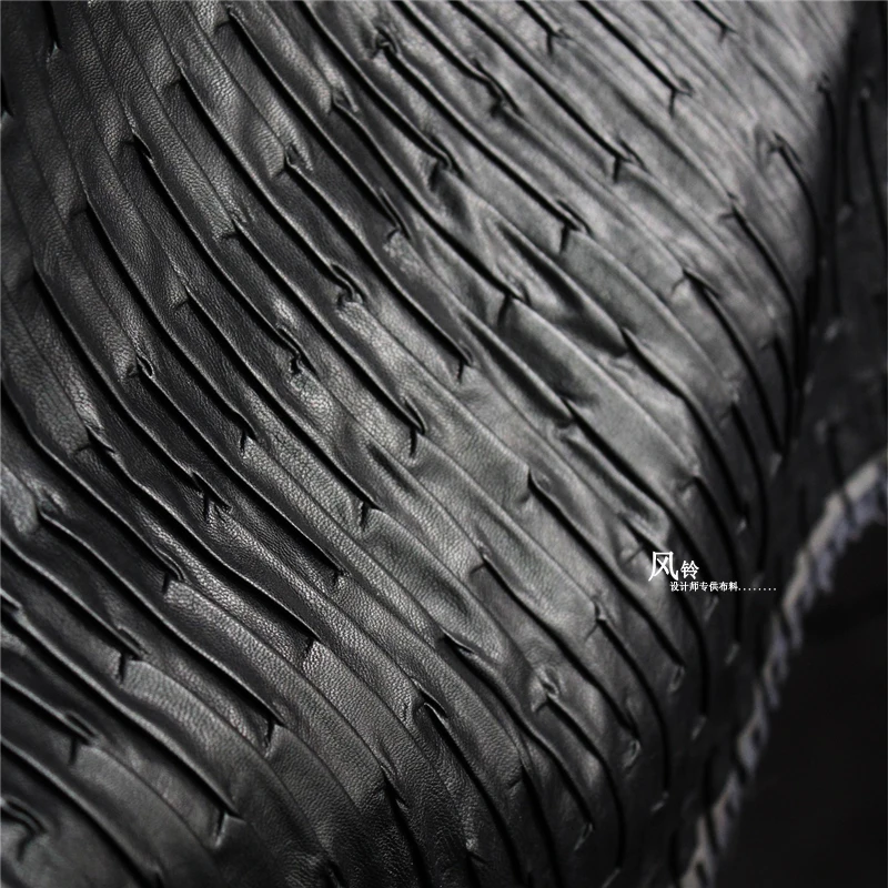 

New Pleated PU Leather Fabric Black DIY Patches Bag Stage Cosplay Decor Locomotive Coat Clothes Designer Fabric