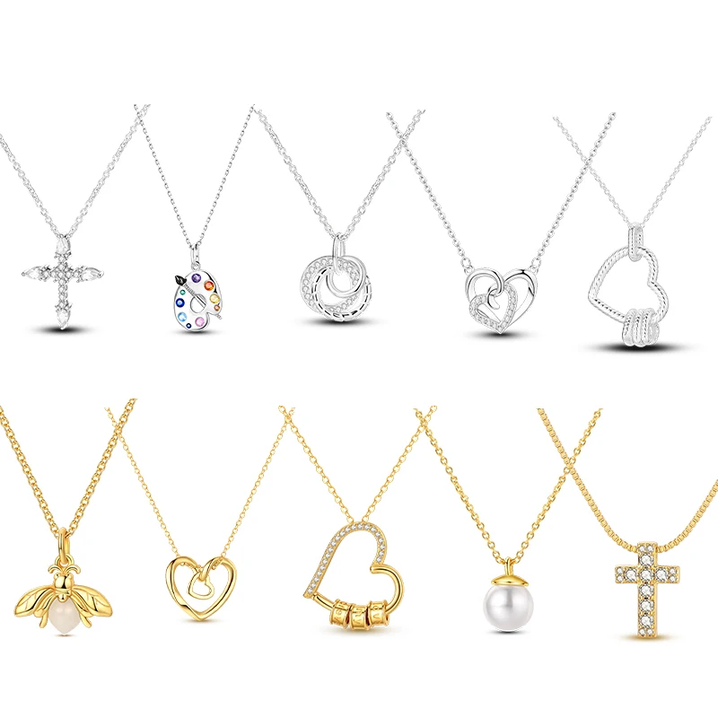 925 Silver Pendant Necklace Paint Plate Heart Charm Basic Chain Original Jewelry For Women DIY Fine Birthday Party Jewelry Gifts