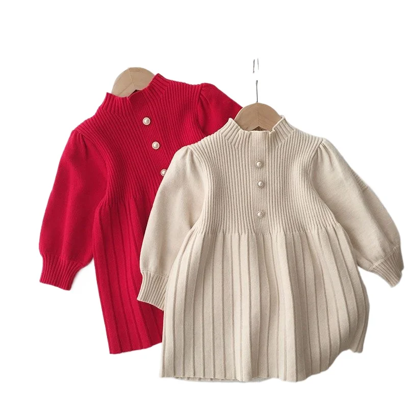 Baby Mädchen Pullover Kleid Herbst und Winter Modische Rote Prinzessin Plissee Kleid Kinder Strickkleid