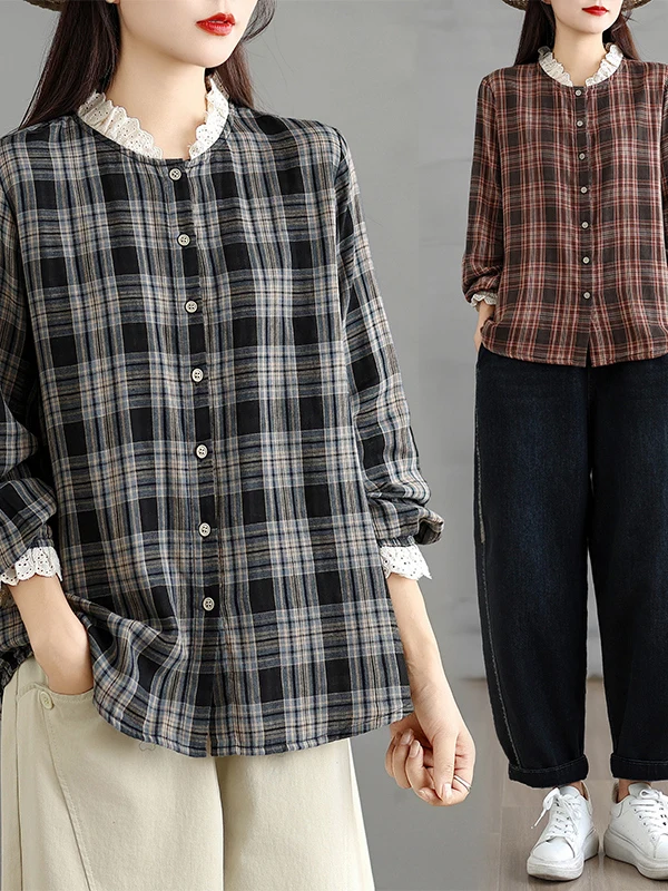 

Retro Plaid Long Sve irt Loose Large Size Lace Trim Collar Elegance Top Women's Faion Autumn Season Breathable Skin-Fr...