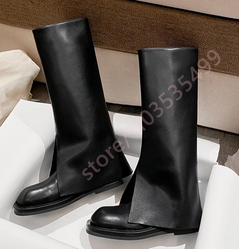 

Black Fashion Women's Trouser Boots 2025 Autumn New Thick Sole Round Toe Genuine Leather Knight Boot Sexy Model Catwalk Boots