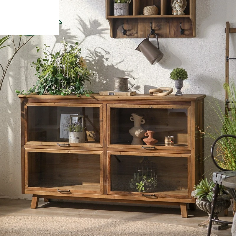 All solid wood log style retro dining side cabinet pull-up glass door lattice tea room old tea cabinet storage